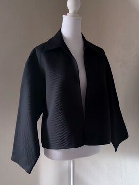 Vintage Zoran Textured Black Cotton Minimalist Boxy Open Blazer Jacket O/ S M L